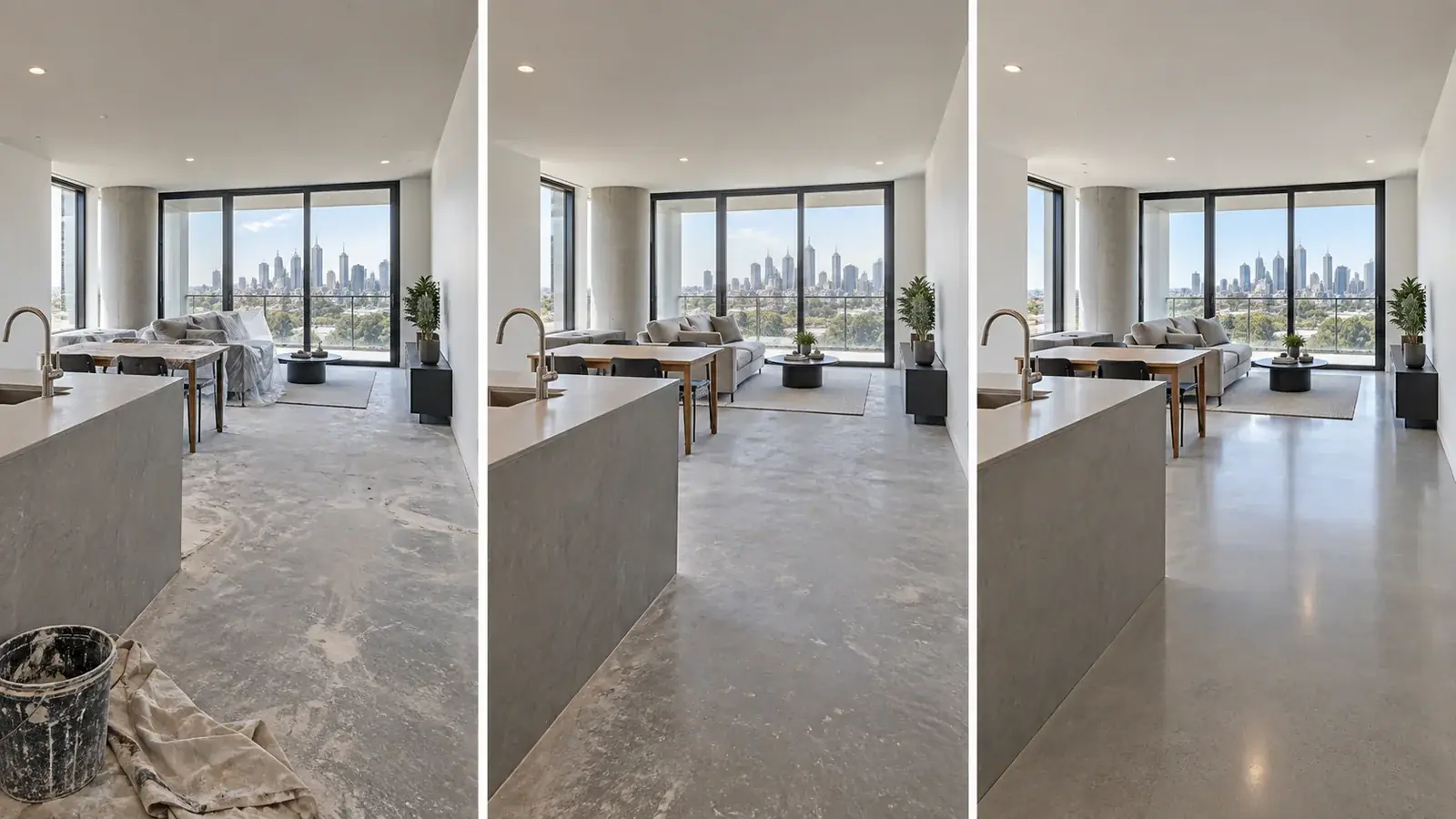 Rough builders clean stage: apartment with concrete dust, covered furniture and a paint bucket