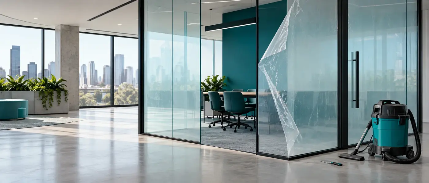 New commercial interior at practical completion with protective film being peeled from glass