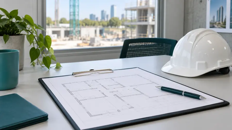 Floor plan on a clipboard beside a hard hat in a site office, ready for a cleaning quote