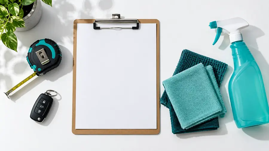 How a Cleaningia job is scoped: clipboard, tape measure, key fob and microfibre cloths