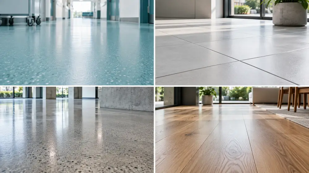 Four floor types side by side: sealed vinyl, tile and grout, polished concrete and coated timber