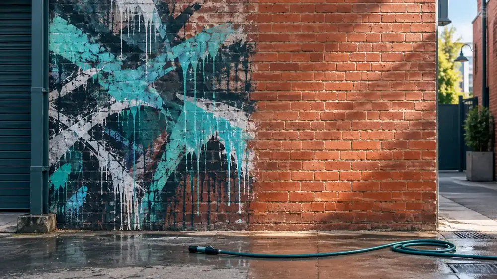 Graffiti removal in Melbourne: laneway brick wall half cleaned back to bare brick, hose on the ground