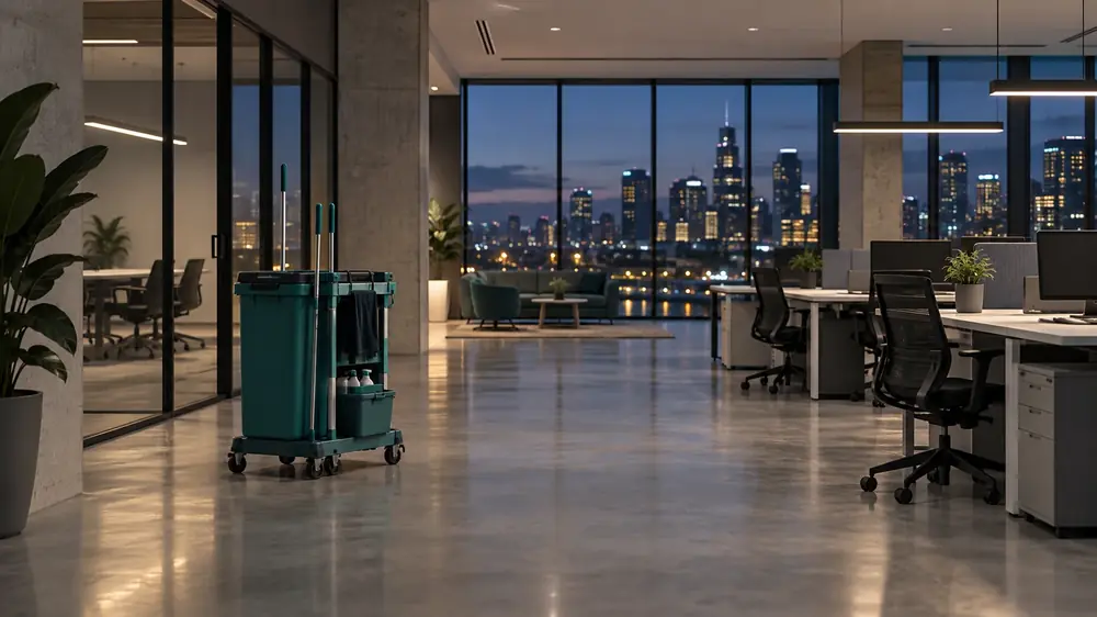 Open-plan office being cleaned after hours with a cleaning trolley