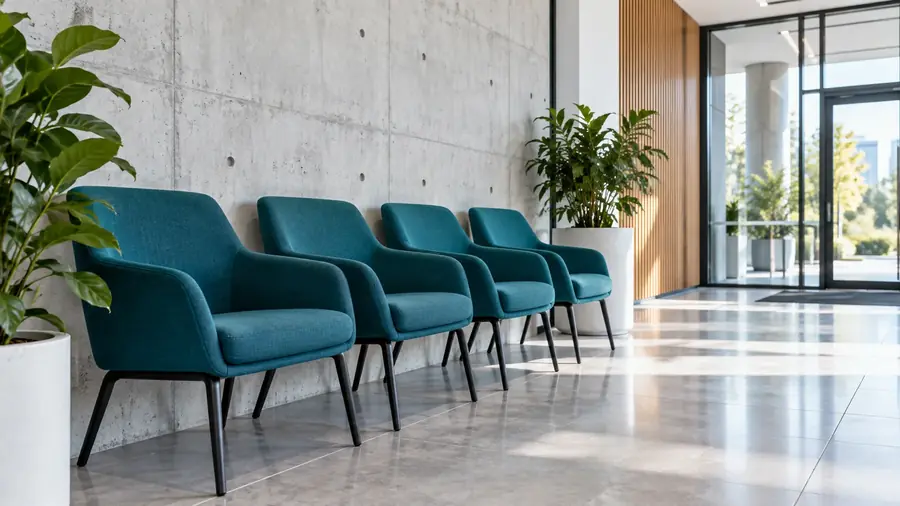 Row of teal fabric reception chairs cleaned in a commercial foyer