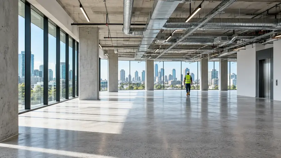 Newly finished office floor in a mid-rise building after post-construction cleaning