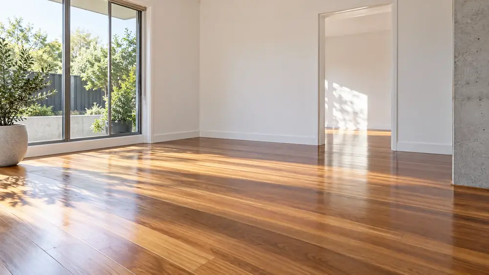 Freshly recoated timber floorboards in an empty room with an even sheen