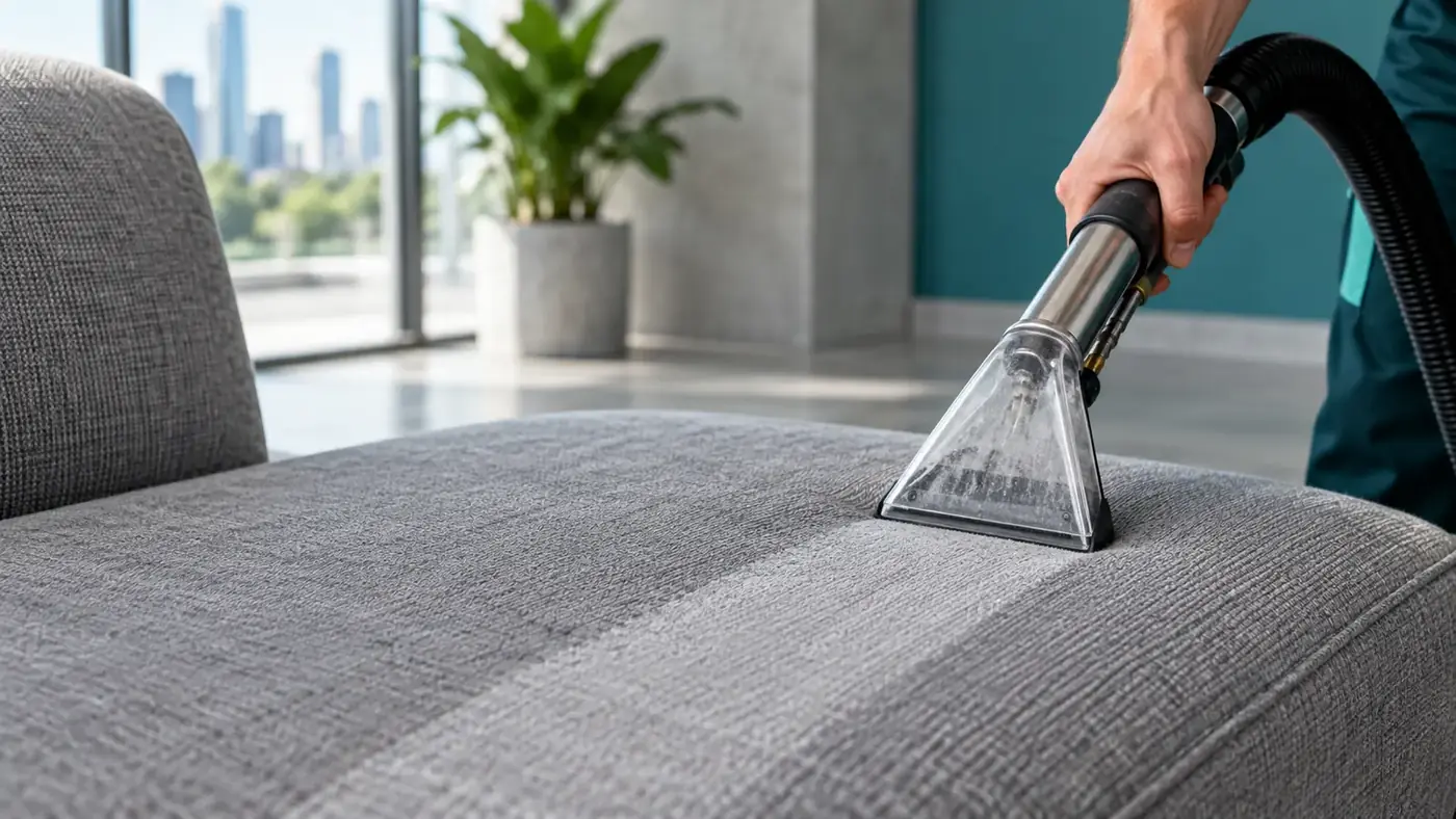 Upholstery steam cleaning a fabric lounge with a hot water extraction tool